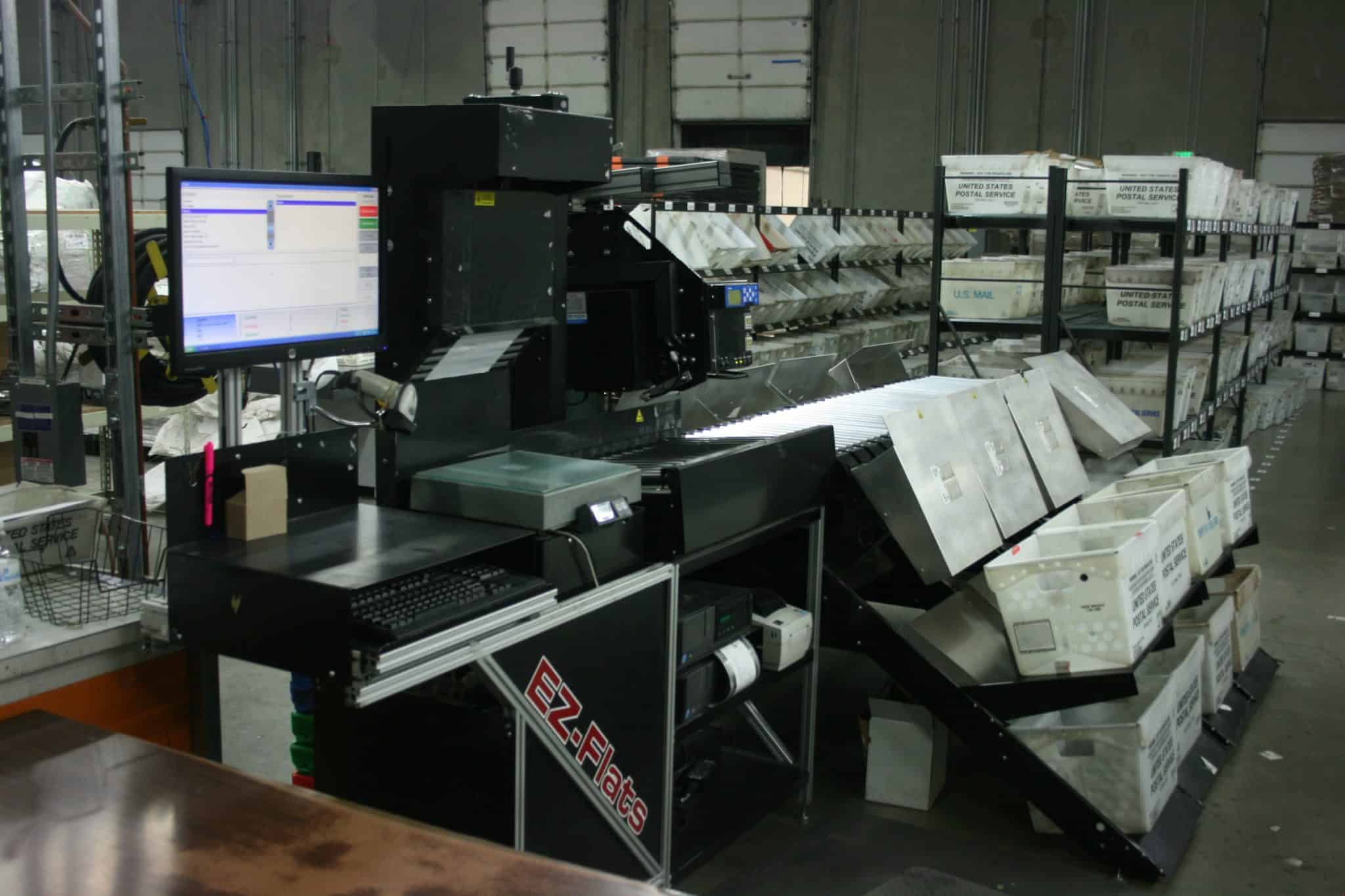 A front view of the EZ-flats sorter Skymail International uses.